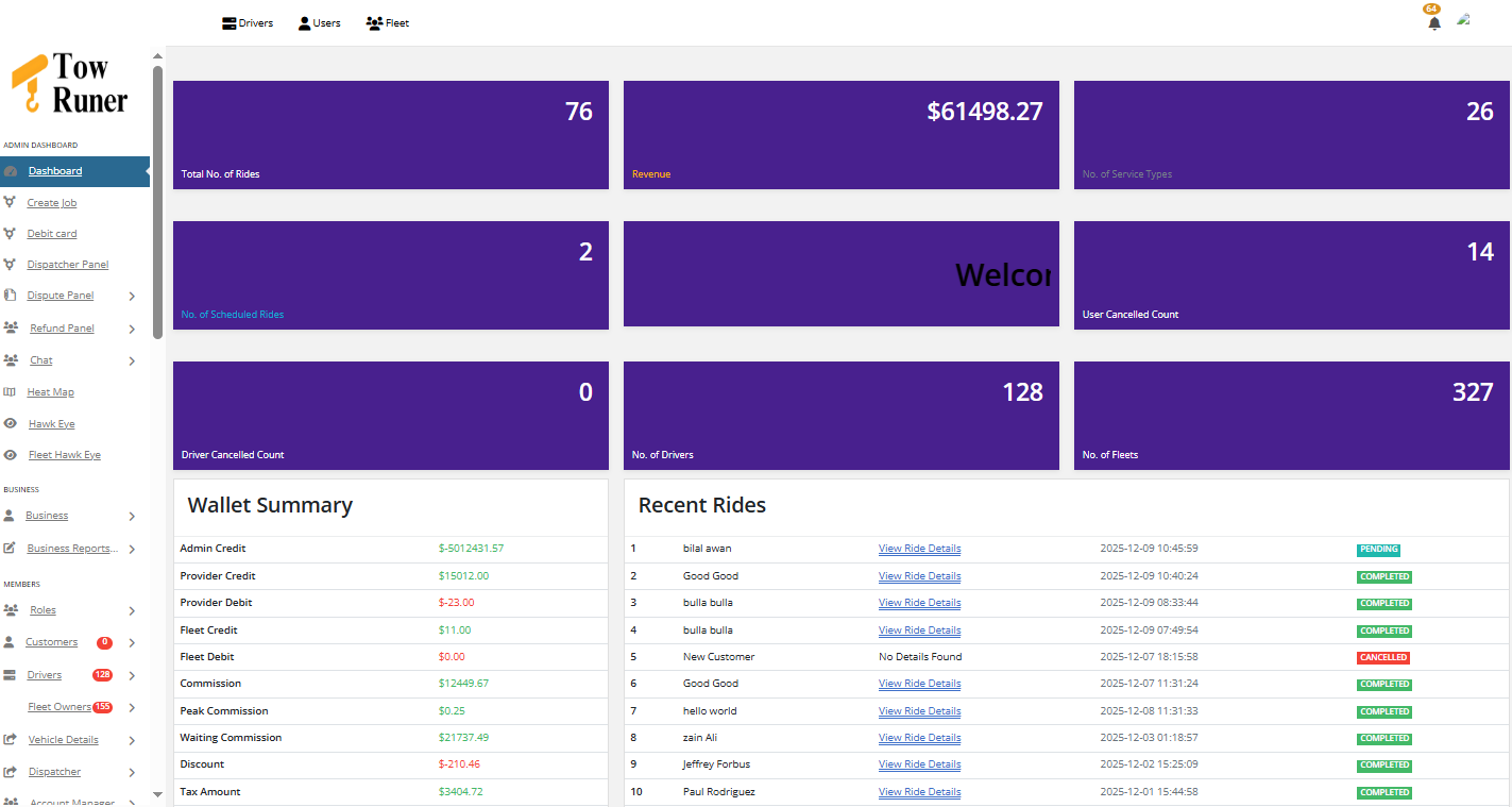 Towrunner - Driver Dashboard
